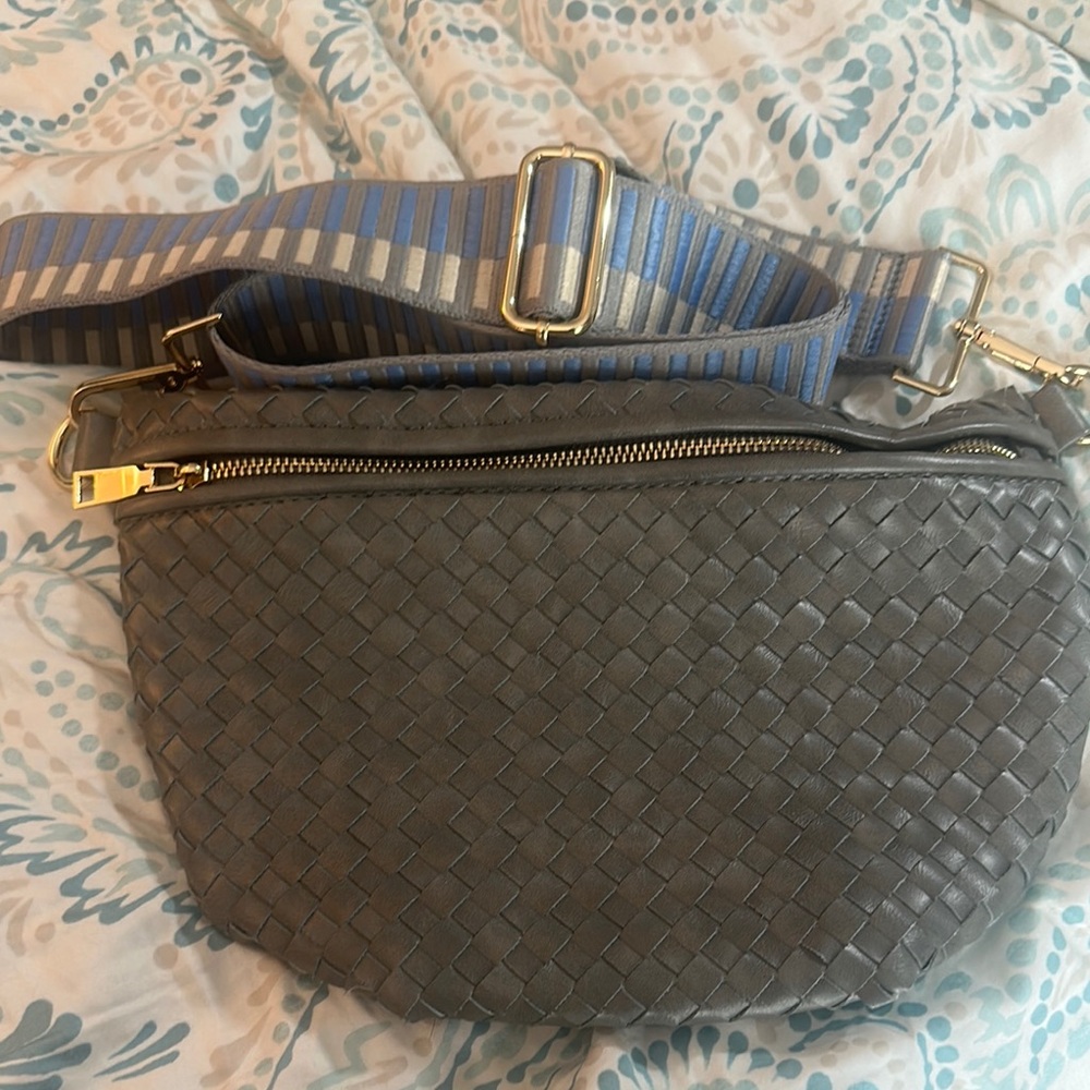 Gray Woven Crossbody Bag with Blue Strap